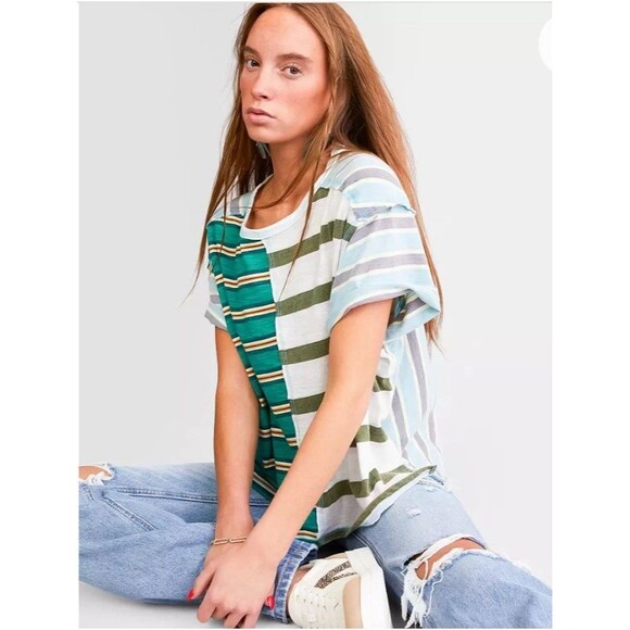 Free People Get Real T-Shirt Oversized Medium S/S Color-block Striped Green New - Picture 4 of 16